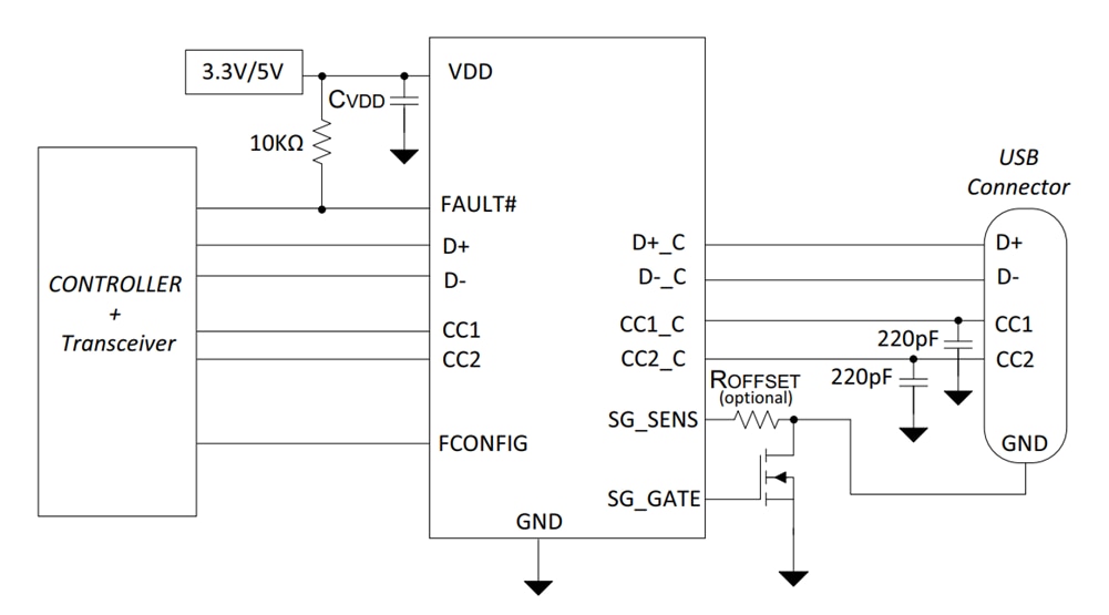 アプリケーション回路図 - Microchip Technology UCS4003 USB Type-C®電源供給ポートプロテクタ